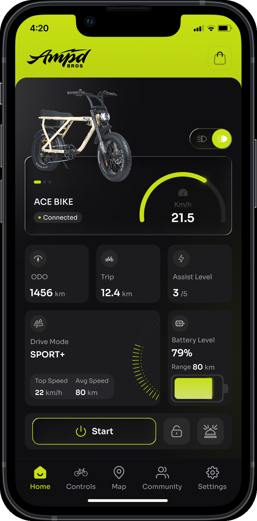 GO App dashboard showing speed, battery level, range and drive mode