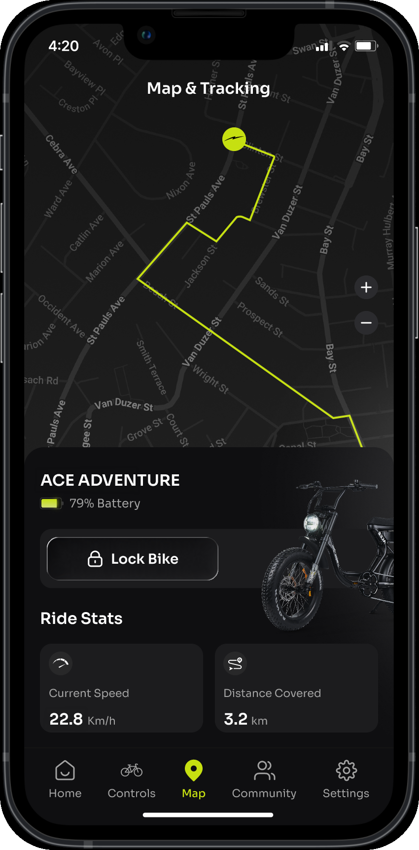 GO App map screen showing a ride route and the Lock Bike button